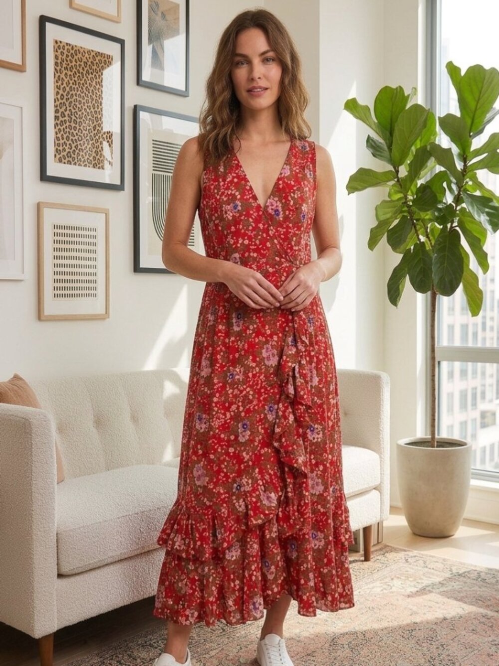 Auguste Floral Dress Wrap Midi with Ruffle Hem Women's Size 8 Red Multicolor